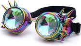 KIMU Goggles Steampunk Bril Met Spikes - Oliekleurig Montuur - Caleidoscoop Glazen - Regenboog Olie Spacebril Space Caleidoscope Festival