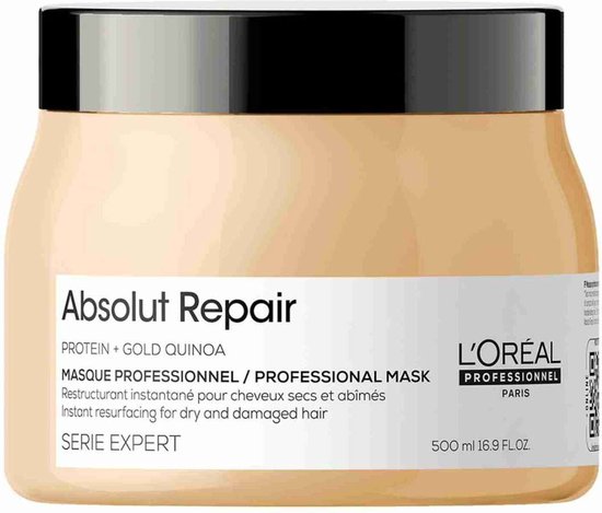 L'Oréal Absolut Repair Professioneel Haarmasker, 500 ml, met goud quinoa en proteïne.