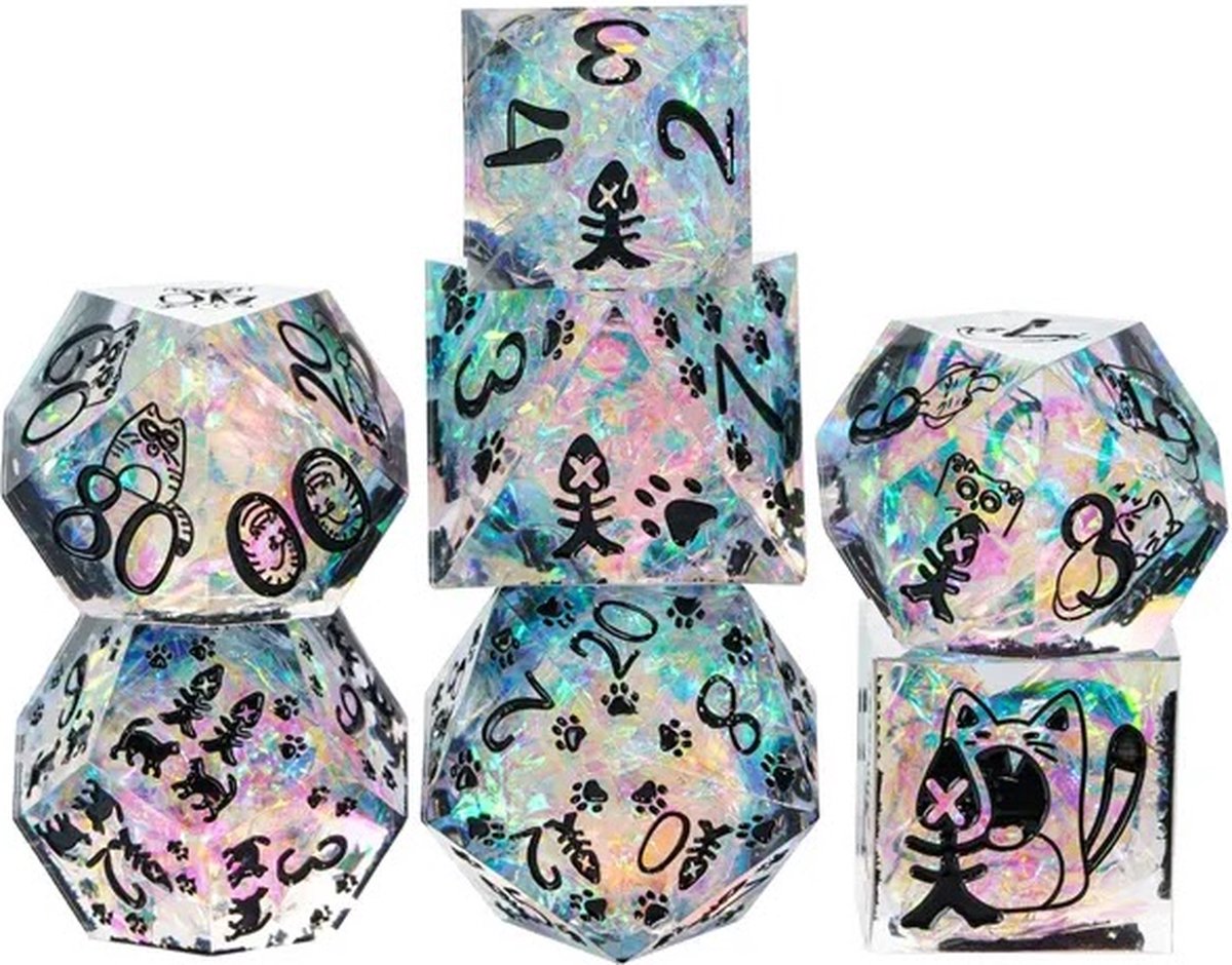 Lapi Toys - Dungeons and Dragons dobbelstenen - DnD Dice - Polydice - Dobbelstenen Dungeons Dragons - D&D dobbelstenen - DnD Dice Set - 1 set (7 stuks) - Met katten - Sharp Edge - Resin - Transparant - Blauw