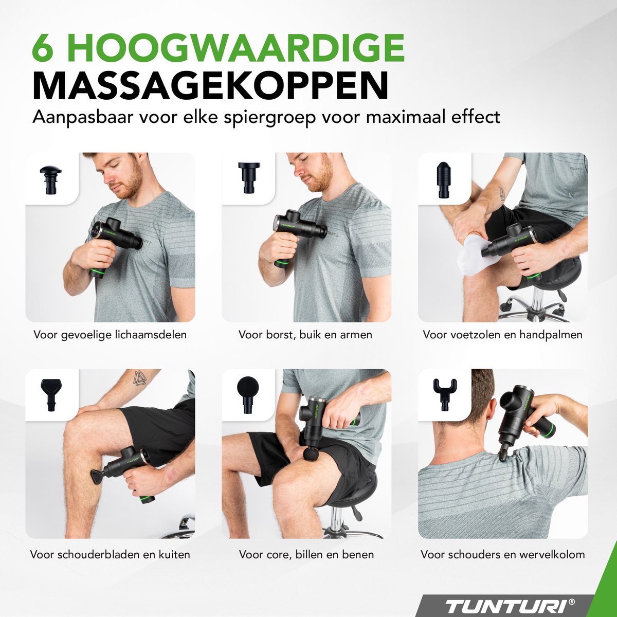 Afbeelding 2 van Tunturi MG40 Massage Gun - Massage Apparaat Met Multi Grip - Inclusief 6 Opzetstukken En Koffer - Extra Krachtig en Stil - Incl App