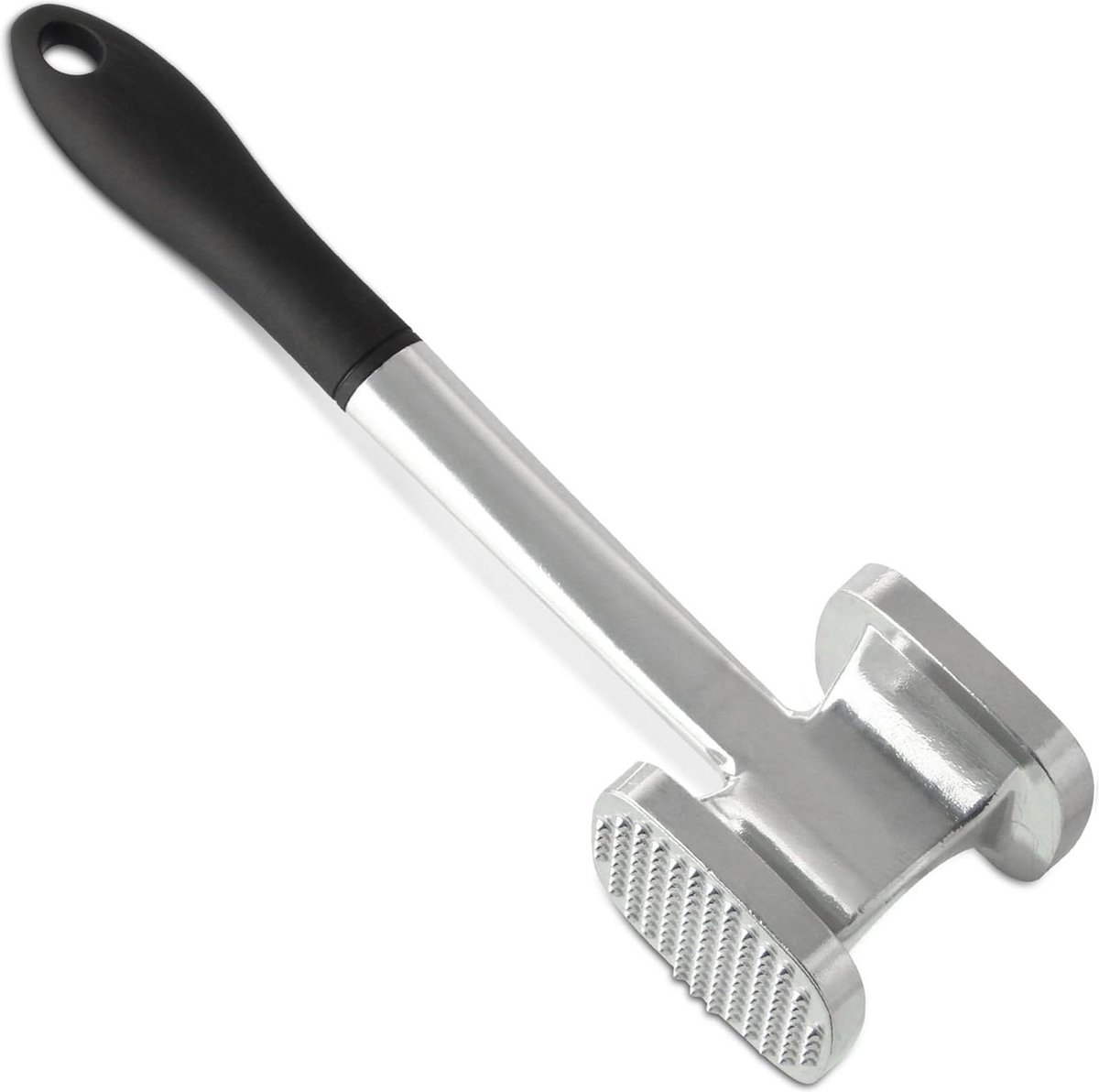 Vleeshamer 28 cm aluminium snijkop zacht vlees klopper 2 kloppervlakken zilver-zwart