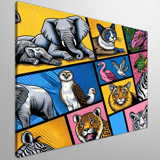 Pop art dieren schilderij | Dieren gevangen in levendige pop art meesterwerk onthuld in-gallery | Kunst - 30x30 centimeter op Canvas | Foto op Canvas