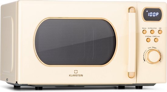 Klarstein Julieta Magnetron met grill - 20 Liter - Magnetron: 800 W - Grill: 700 W - 3 Grillstanden + 5 Vermogensstanden - 8 Automatische programma's - Ontdooifunctie - 25.5 cm Ø Glasplaat - Retro design - RVS Behuizing - Crème