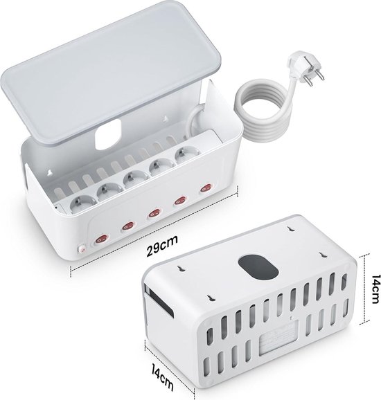 Stekkerdoos 5m met Kabelbeheerdoos, Cable Tidy Box en Stopcontact Splitter met 5 Voudige en 3USB, Verberg Stekkerdozen en Elektrische Kabels, Voedingsbord met Schakelaar, 29.5 * 14 * 14CM, Wit