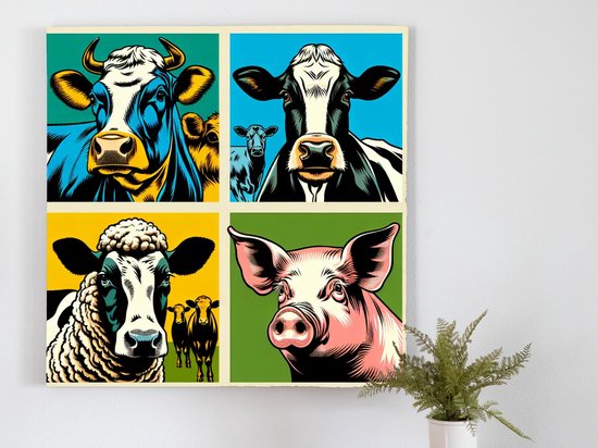 Pop art vee schilderij | Boerderijdieren in levendige Pop Art stijl tot leven gebracht | Kunst - 100x100 centimeter op Canvas | Foto op Canvas