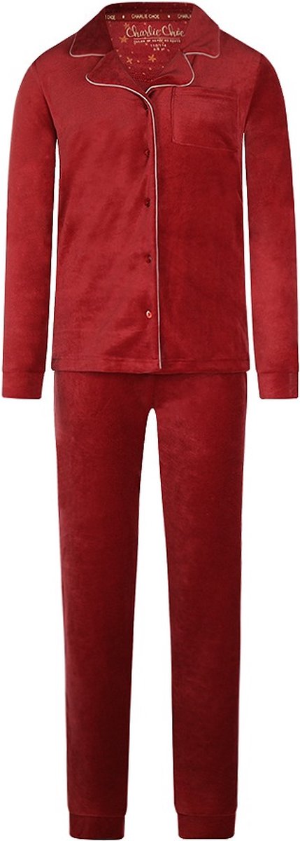 van Gennip Charlie Choe dames pyjama Velours - Modern - Warme winter pyjama dames met knoopsluiting - S - Rood