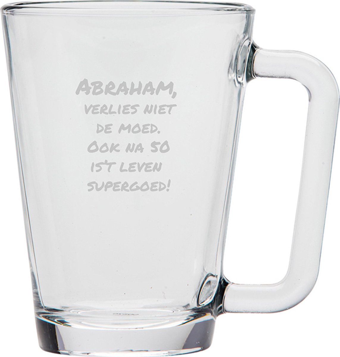 Gegraveerde theeglas 26cl Abraham verlies niet de moed. Ook na 50 is't leven supergoed