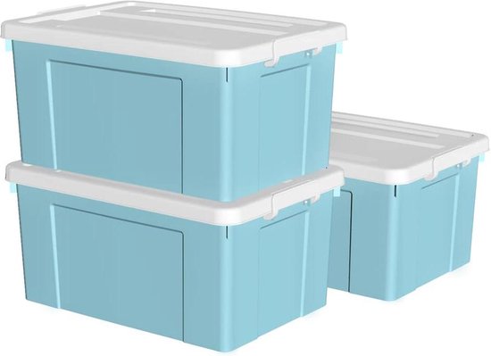 Cetomo 90L x 3 opbergdozen, plastic opbergdoos met deksels, organiserende container met veilige sluitgespen, stapelbaar, nestbaar, draagtas voor thuiskantoorkleding, 90L-3Pack, grijs