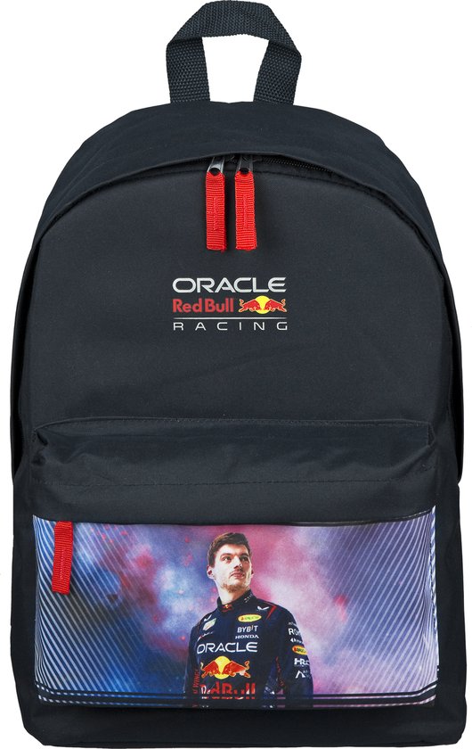 Zwarte rugzak met Max Verstappen opdruk, Oracle Red Bull Racing logo en rode accenten.