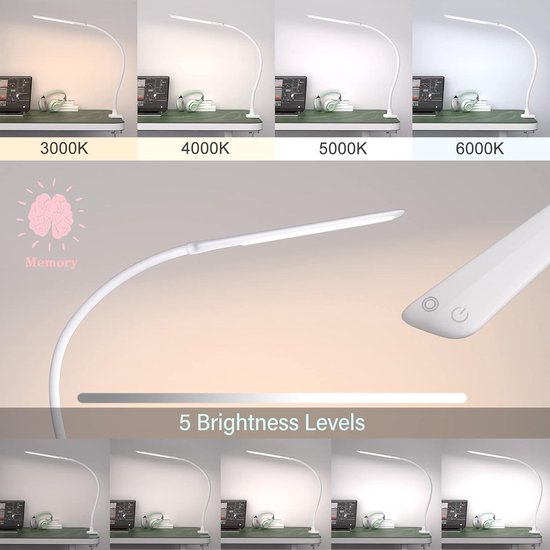 FIRVRE Bureaulamp met zwenkarm, modern, van metaal, flexibele klemlamp, multiafdichting, met schakelaar voor slaapkamer, huis en kantoor