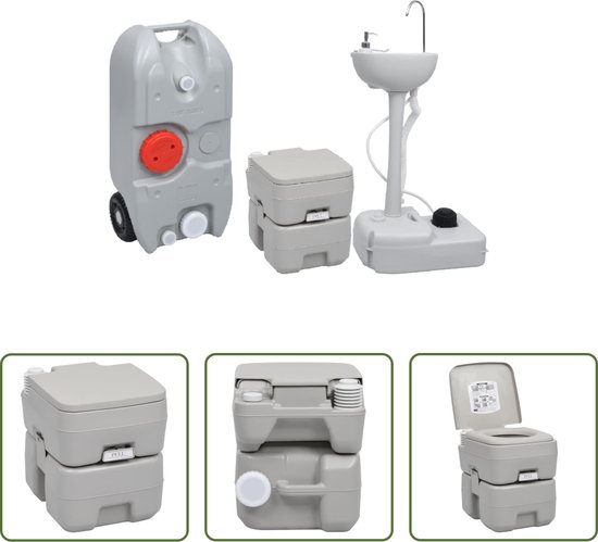 Foto: The living store draagbare kampeerset campingtoilet en kampeerwasbak duurzaam materiaal praktisch toilet multifunctionele wasbak watertank op wielen inclusief verlengpijp grijs 150l