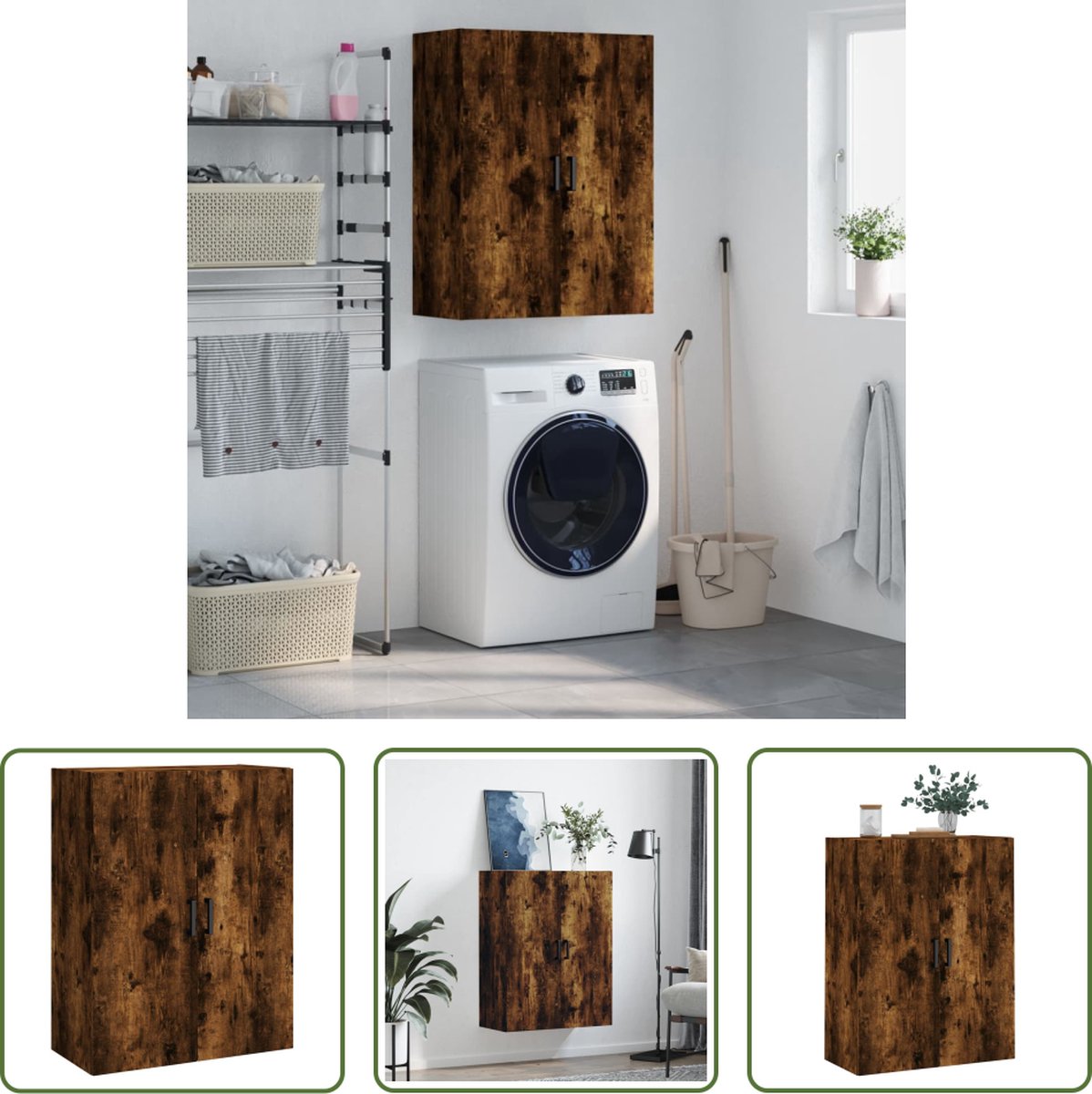 The Living Store Zwevende Hangkast - Gerookt Eiken - 69.5 x 34 x 90 cm - Wandgemonteerde Opbergkast