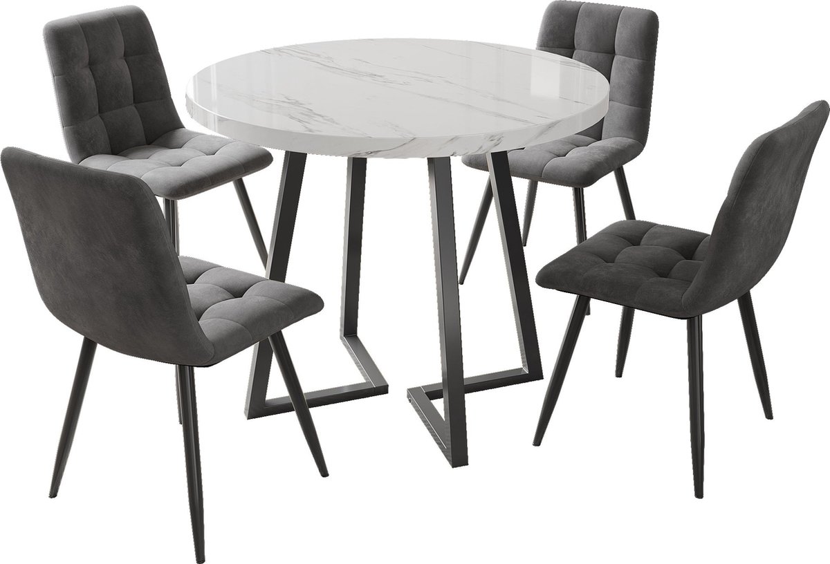 Merax Eetkamer Set van 5 - Ronde Eettafel met Wit Tafelblad - 80 cm Diameter en 4 Donkergrijze Velvet Eetkamerstoelen
