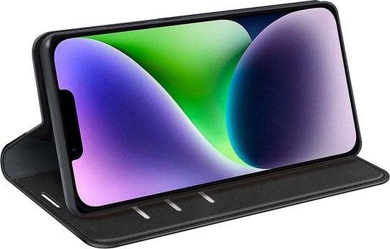 Zwarte telefoonhoes opengeklapt, toont een telefoon met een paarse en groene achtergrond.