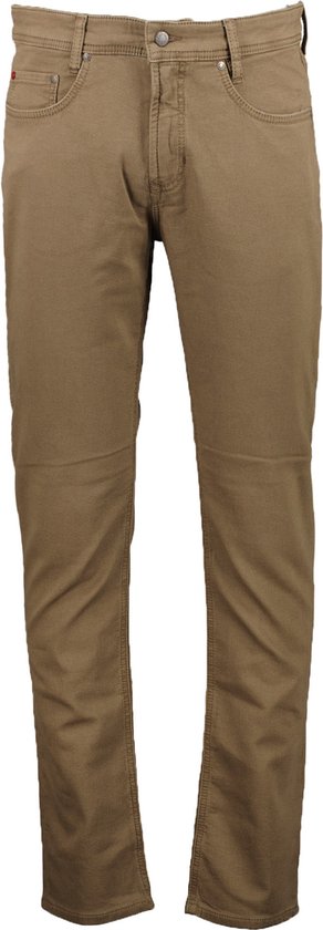 Bruine jeans van Mac, moderne pasvorm, voorkant met zakken en ritssluiting.