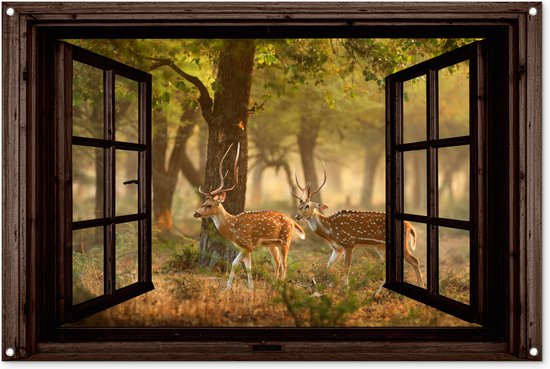 Foto: Tuinposter 120x80 cm tuindecoratie herten bos herfst bosdieren natuur hert doorkijk poster voor in de tuin buiten decoratie schutting tuinschilderij tuindoek muurdecoratie wanddecoratie balkondoek