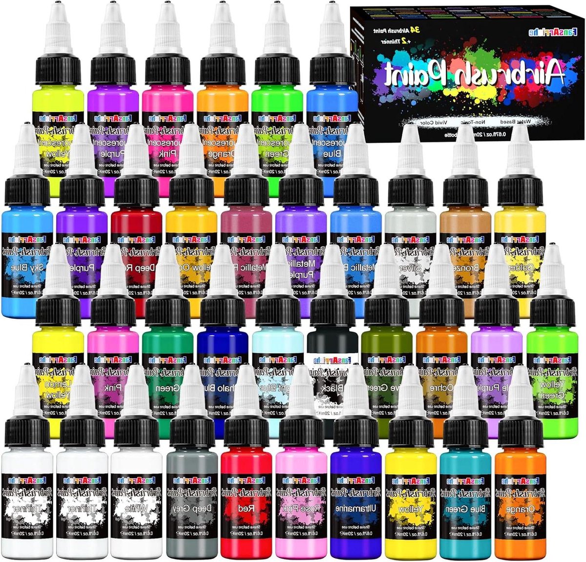 34 Colors Airbrush Paint Set - Water-Based Acrylic Kit with 2 Thinner - Mother Of Pearl Colors - Premium Set for Beginners Artists - DIY Projects - 20ml/Bottle