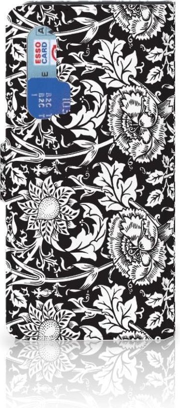 Zwart telefoonhoesje met wit bloemenpatroon, met kaarten zichtbaar in de houder.