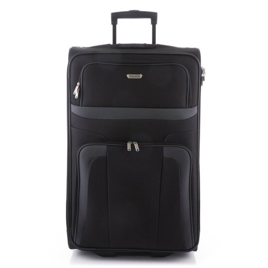 Valise noire à deux roues, poignée rétractable et poches avant. Marque : Travelite.
