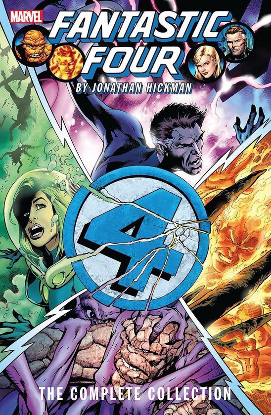 Fantastic Four: The Complete Collection door Jonathan Hickman, met The Thing, Human Torch, Invisible Woman, Mr Fantastic, en 4 logo.