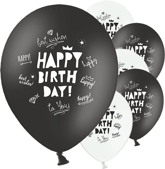 6 Ballons d'anniversaire noir et or