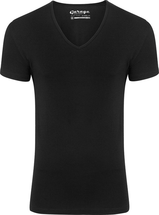 Garage 206 - Bodyfit T-shirt diepe V-hals korte mouw zwart L 95% katoen 5% elastan
