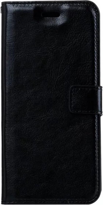 Étui portefeuille noir pour téléphone, fermé par une patte magnétique.