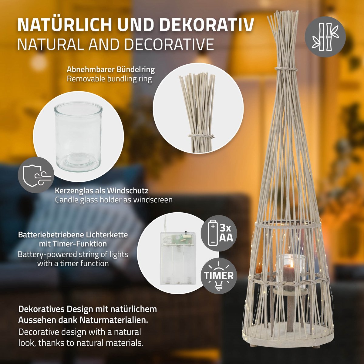 ECD Germany Bamboe lantaarn decoratieve houten windlicht serie grote kaarsenhouder van 110 cm hoog, sfeervolle led lichtketting met glazen inzetstuk luxe boho stijl tuinlantaarn gevlochten look moderne decoratie voor binnen buiten terras en woonkamer — cadeau in Wonen & Interieur - foto 6