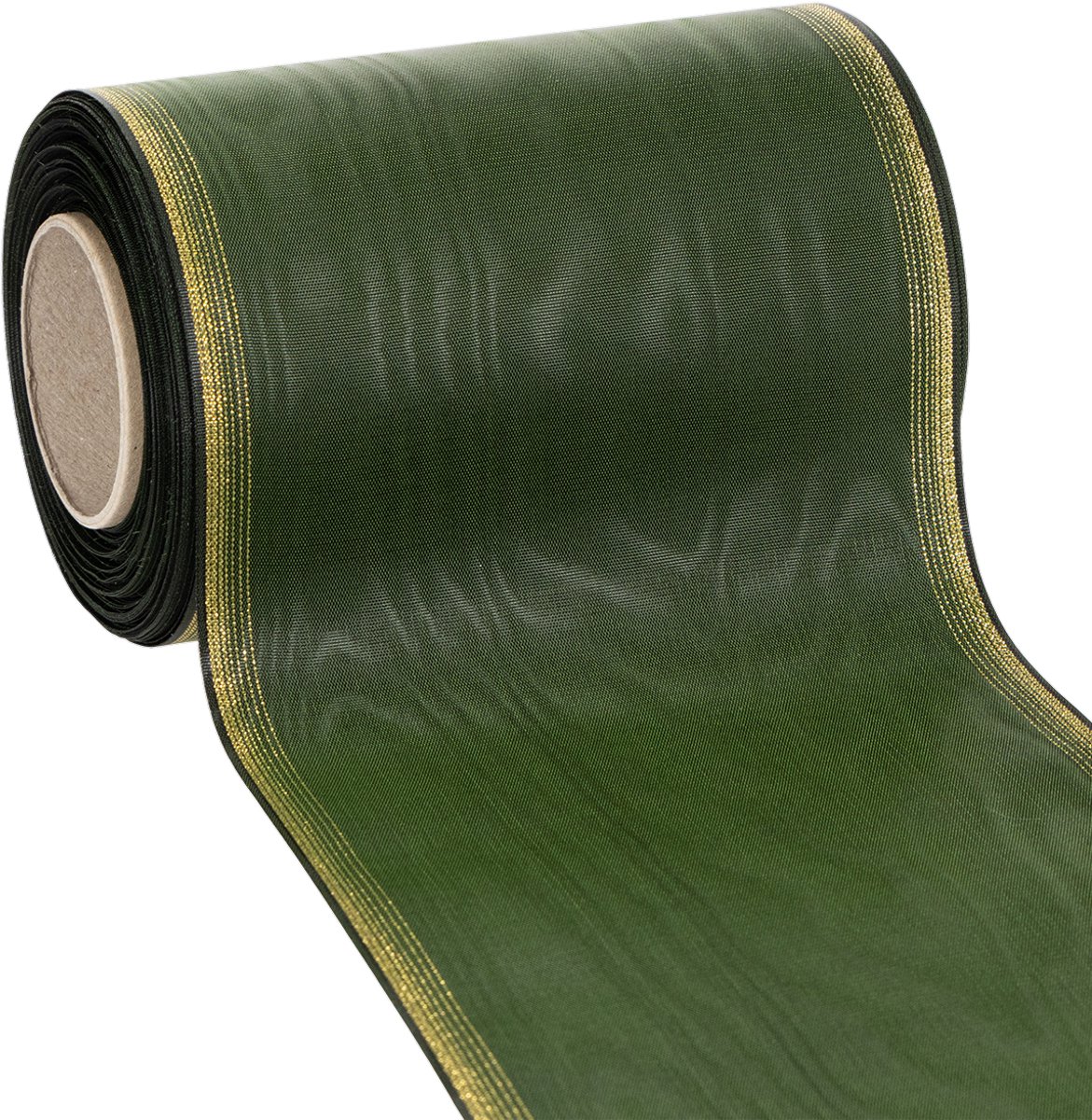 Moiré kranslint, 150 mm, donkergroen met gouden parelrand, taftweefsel