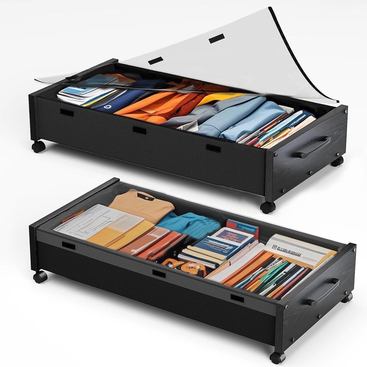 Houten Opbergbox - Opbergbak Rollend - Ruimte Besparen - Met Wielen - 80 Liter - Zwart