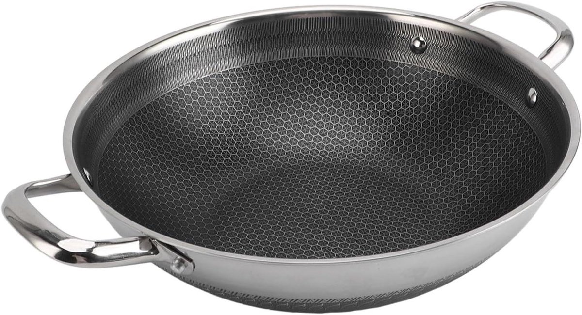 Wokpan Roestvrij Staal - Koekenpan Anti-aanbak - Gelijkmatig Koken - Dubbele Handgreep - 28 cm - Zilver