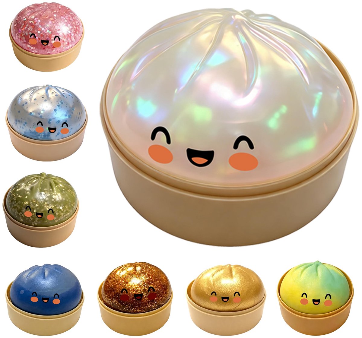 Dumpling squishy stressballen - Glitter Dumpling stress fidget - Sensorische stressbal knijpspeelgoed - Stressverlichtende cadeaus voor kinderen en volwassenen - Wit