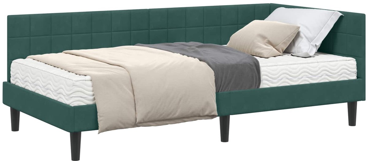 vidaXL Hoekbedframe - met - Matras - 2 - st - Donkergroen - 90 - x - 190 - cm - Fluweel