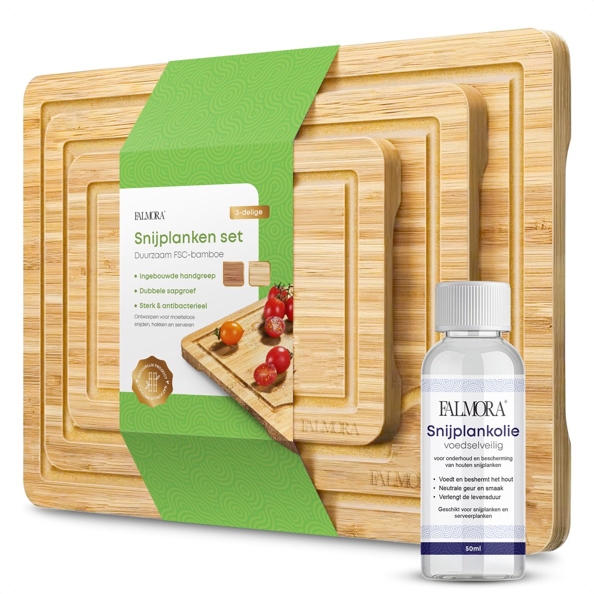 Falmora Snijplanken Set 3-delig – FSC Bamboe – Sapgroef – Handgrepen – Incl. 50 ml Onderhoudsolie