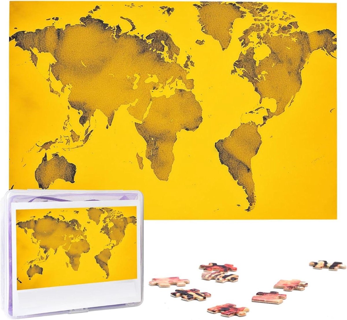 Wereldkaart Puzzel - Houten Puzzel - Ontspannen Thuis - Gepersonaliseerd Ontwerp - 1000 Stukjes - Geel