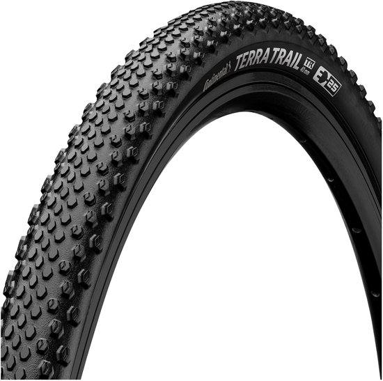 Zwarte Continental Terra Trail band, 40mm breed, met grof profiel en gele letters.