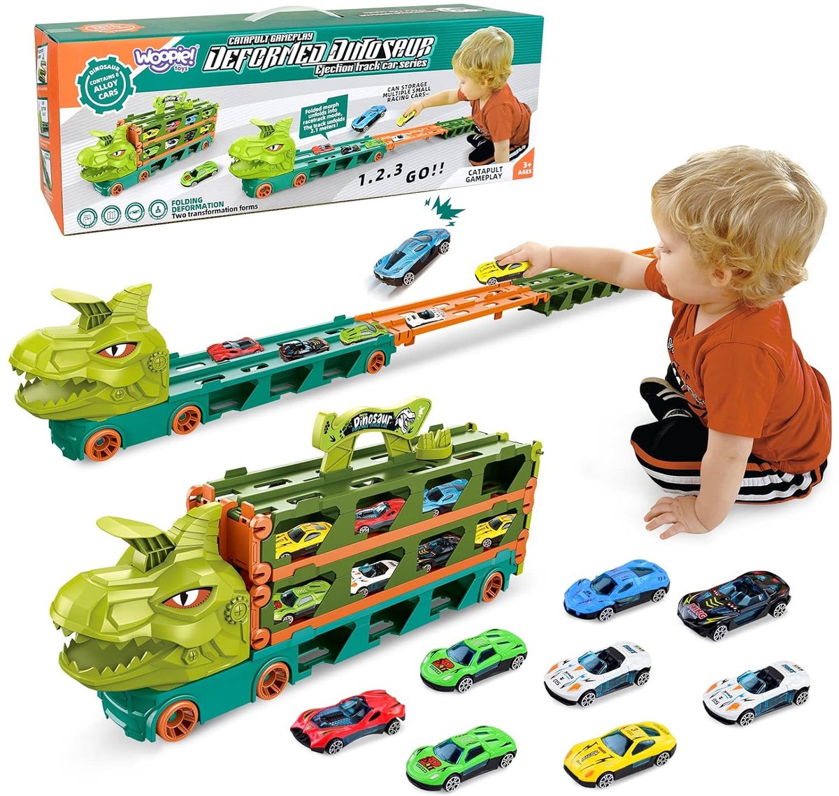 Whoopie Dino autotransporter met racebaan (2,1 m)