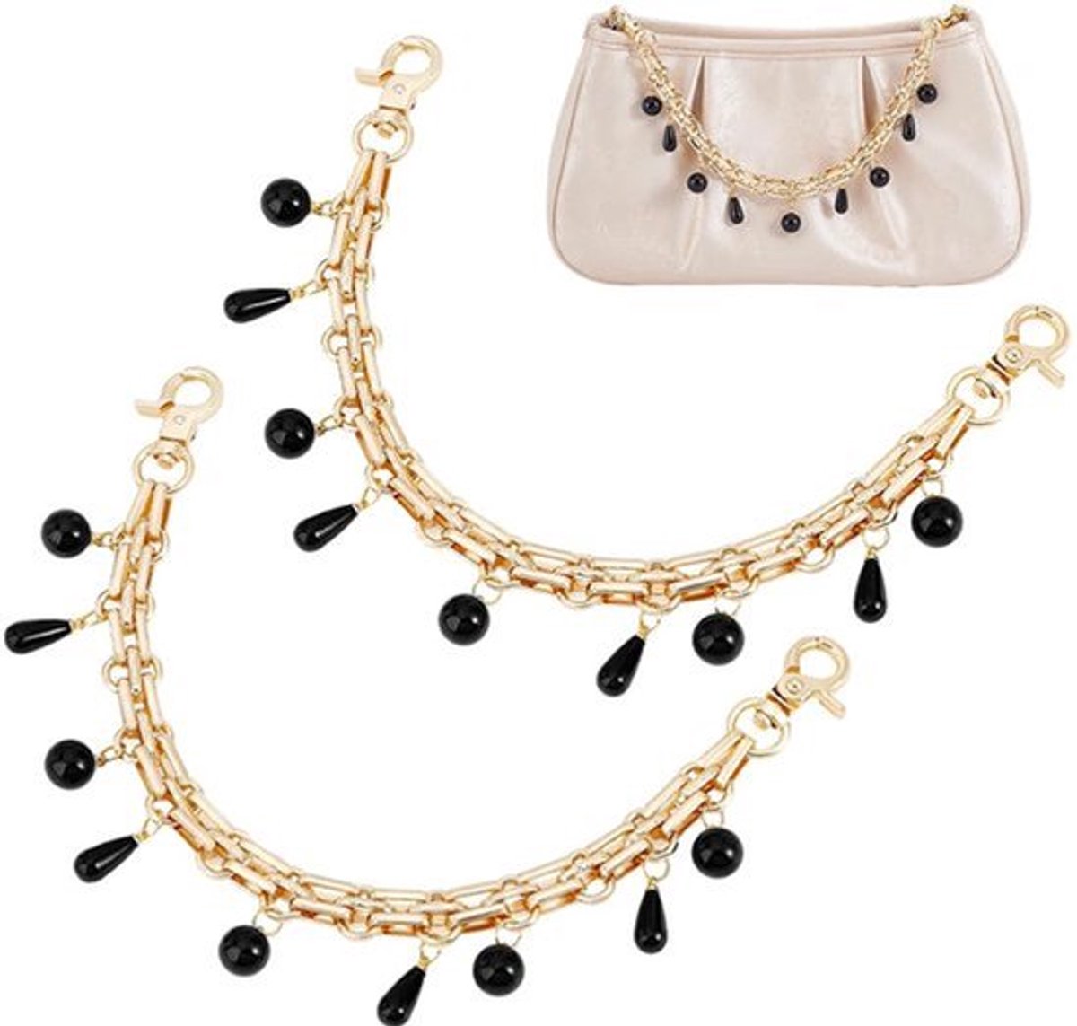 9,8 Inch Handtas Ketting - 2 Stuks - Gouden Ketting met Zwarte Pareltassels
