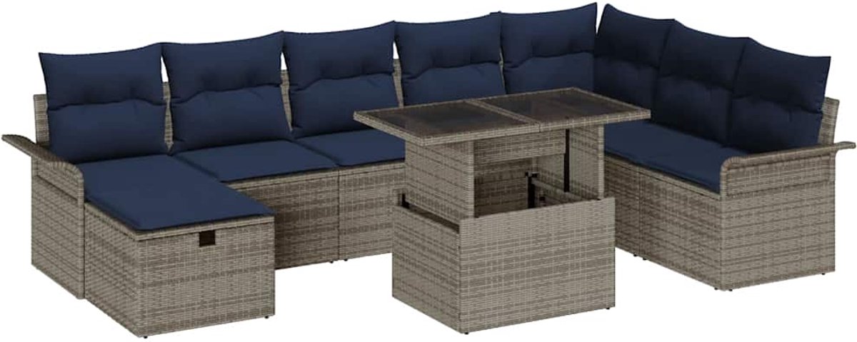 vidaXL - Tuinbank - Set - met - kussen - met - opslag - 9 - pcs - Grijs - Poly - rattan