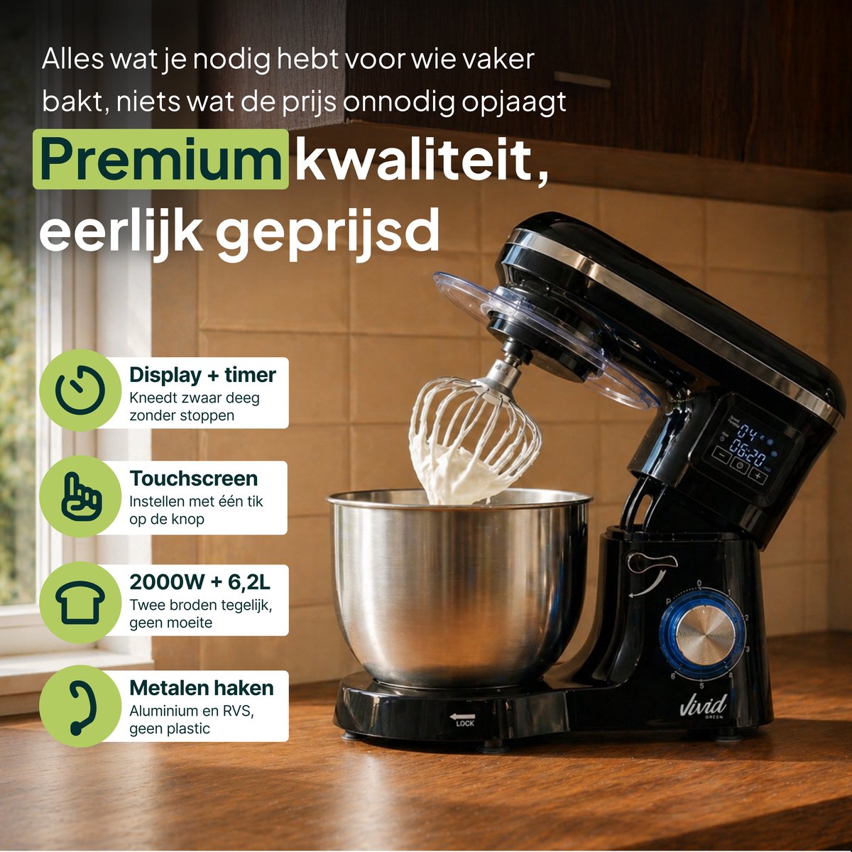 Vivid Green 2000W Keukenrobot - 6.2L - Display & Instelbare Timer - Mixer met Mengkom - Keukenmachine - Keukenmixer - Zwart thumbnail 3