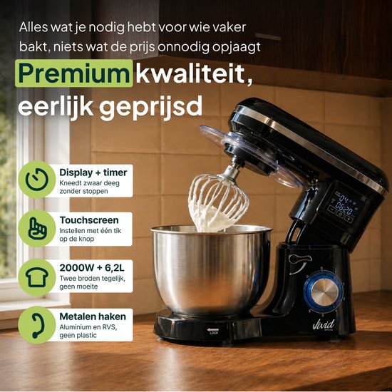 Zwarte keukenmixer met display, timer, touchscreen, metalen deeghaak en informatie over specificaties.