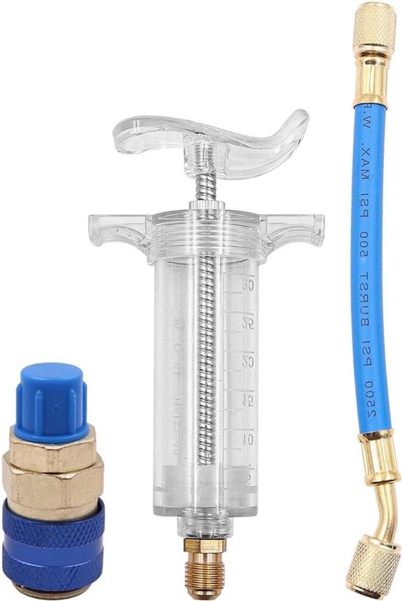 Allecto plus - Olie-Injectortool 30 Ml voor Airconditioning - 1/4 Inch Connector - Blauwe Kleurstof - Automatische Airconditioningadapter