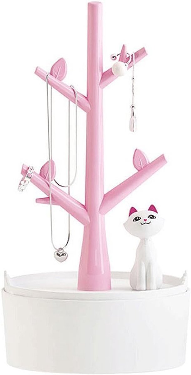 Famanu – Sieradenhouder in de vorm van een kat en boom, multifunctionele organizer voor kettingen, oorbellen en haaraccessoires, roze
