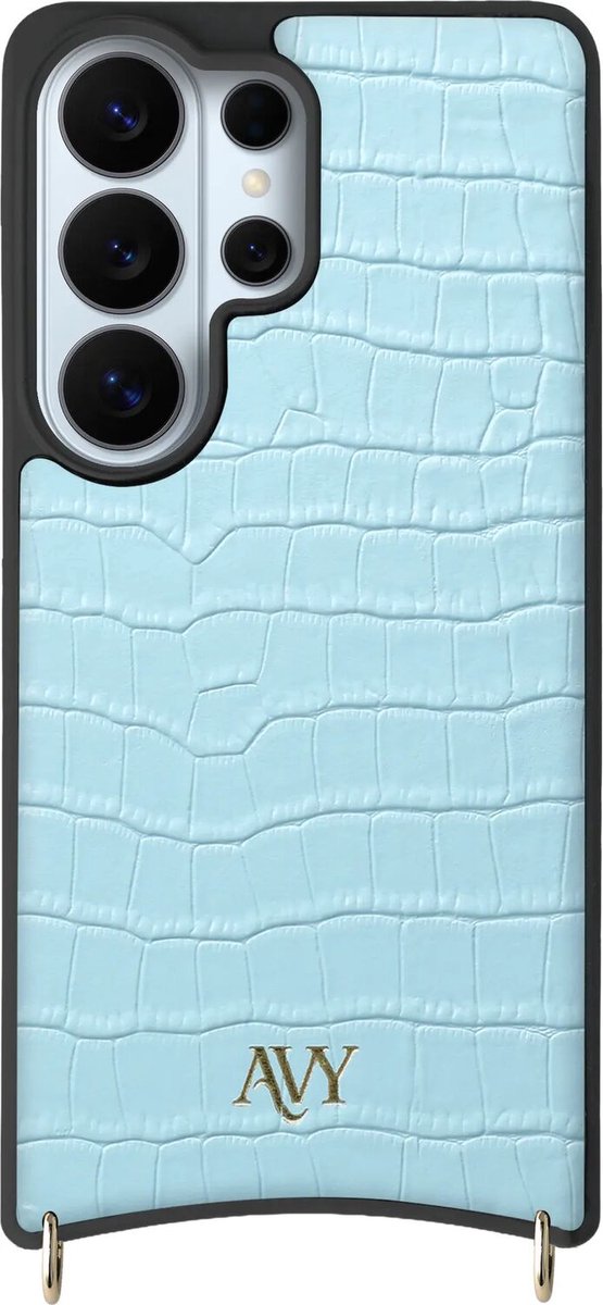 AVY Leren Hoesje geschikt voor Samsung Galaxy S26 Ultra | Compatibel met MagSafe | Leather Case | Back Cover | Haakjes voor koord | Croco Blauw
