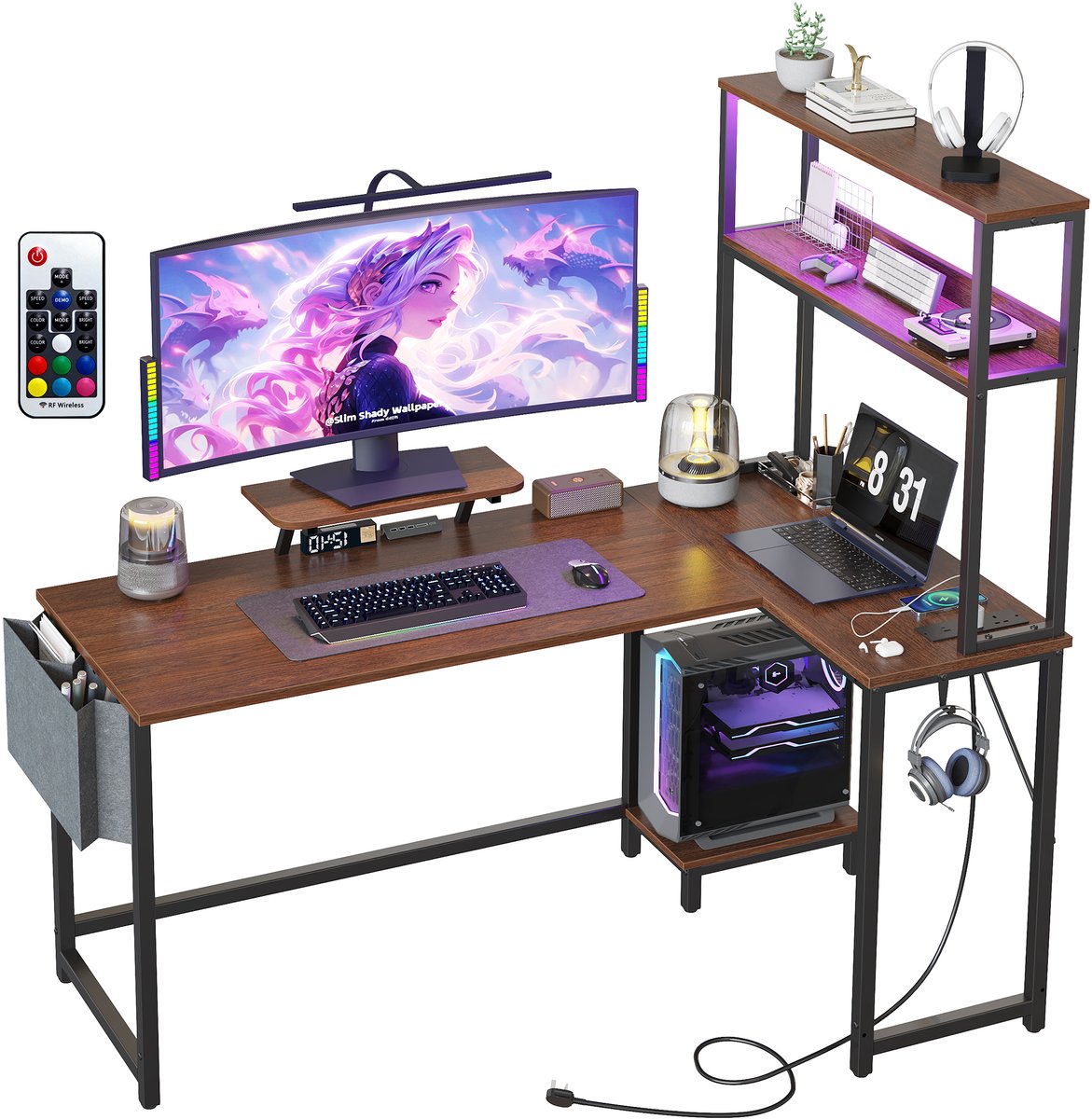 L-Vormig Game Bureau met LED Verlichting - Hoekbureau met Ingebouwd Stopcontact & USB - Computerbureau met Monitorverhoger, Lade en Opbergtas - 124x100x148 cm - Bruin