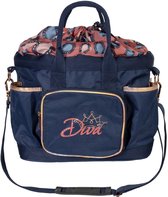 Donkerblauwe tas met trekkoordsluiting en paardenhoefprint, met 'Diva' en kroon-opschrift.