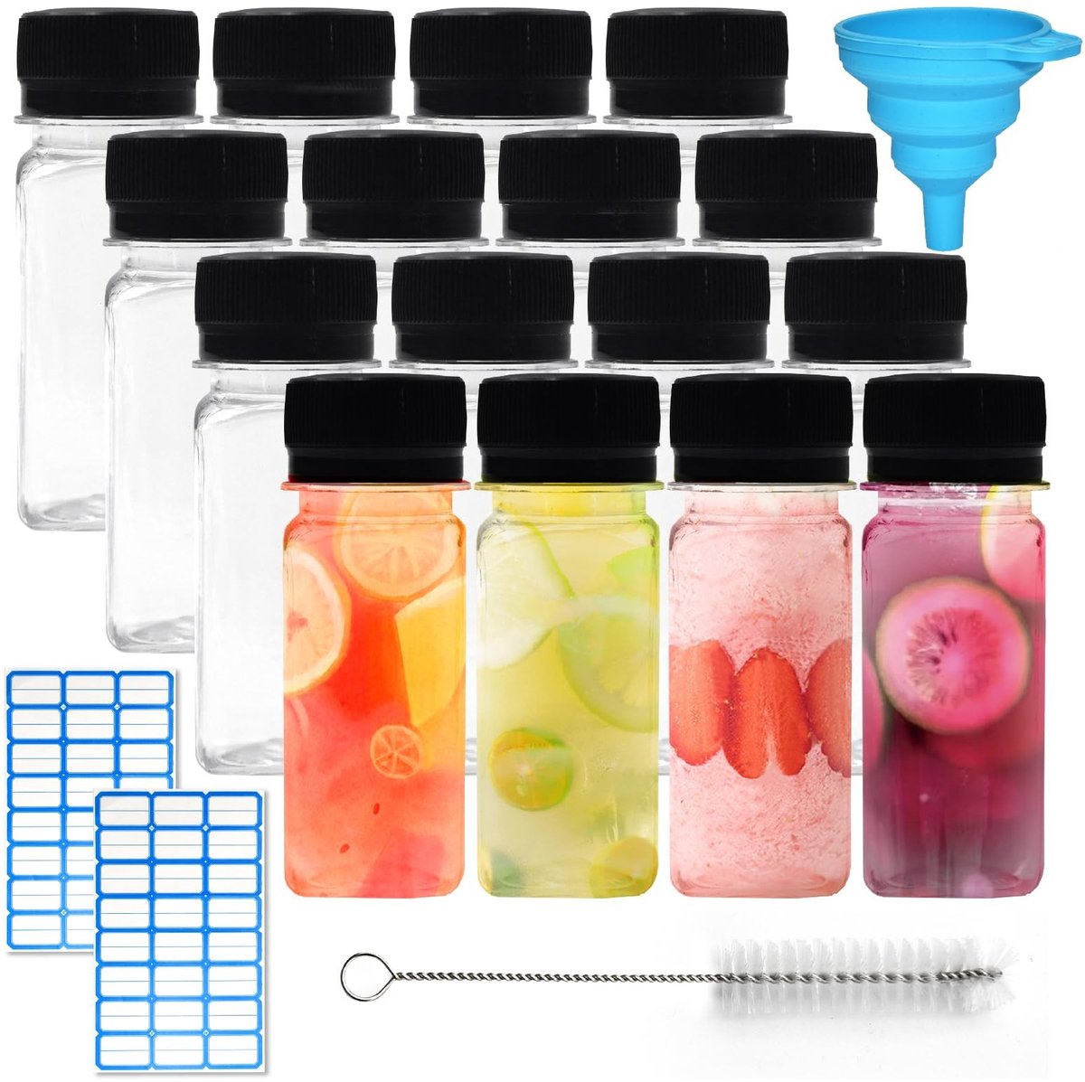 JHUBERS- Plastic Flessen 16 Stuks - Mini Flessen 60 ml - Herbruikbare Flessen - Kunststof Flessen - Compacte Flessen - Lichtgewicht 310 gram