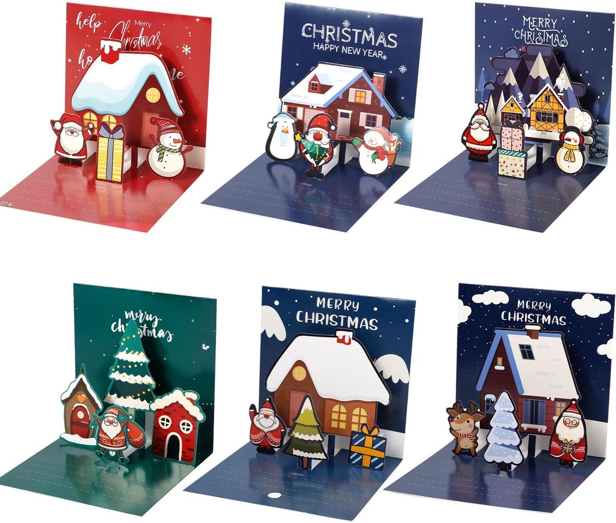 Dailygoods- Kerstkaarten 3D - 6 Stuks - Met Enveloppen - Kerstpop-Upkaarten - Kerstgroetkaarten - Papier 11x11cm - Pop-up Kaarten