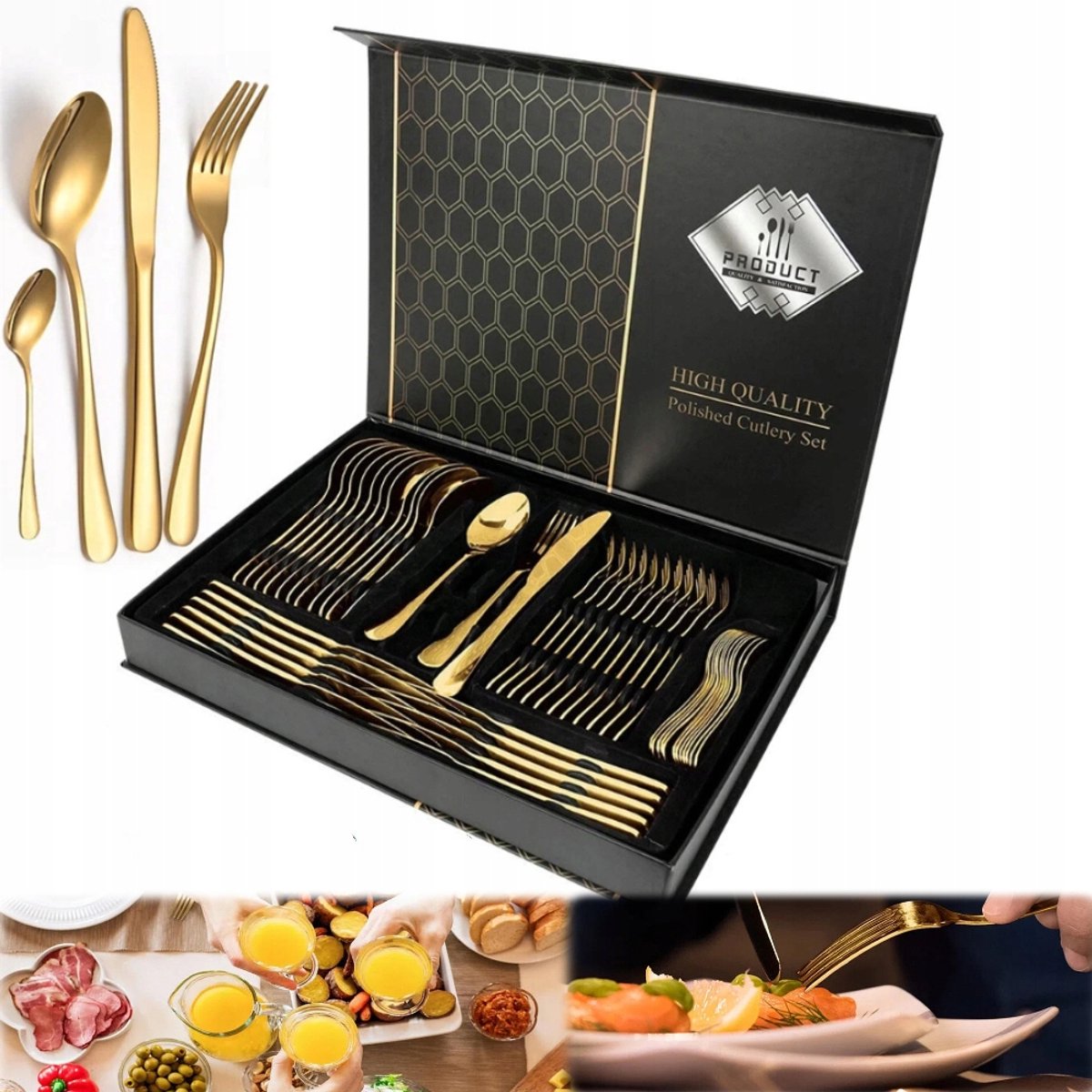 48-delig RVS Bestekset voor 12 personen met Koffer - Goud