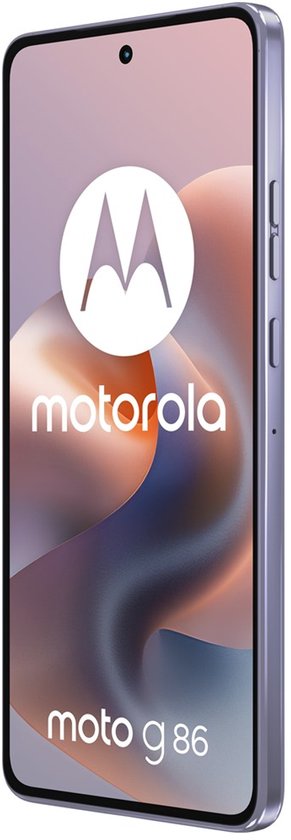 Motorola moto g86 5G smartphone in lila met een groot scherm en Motorola logo.